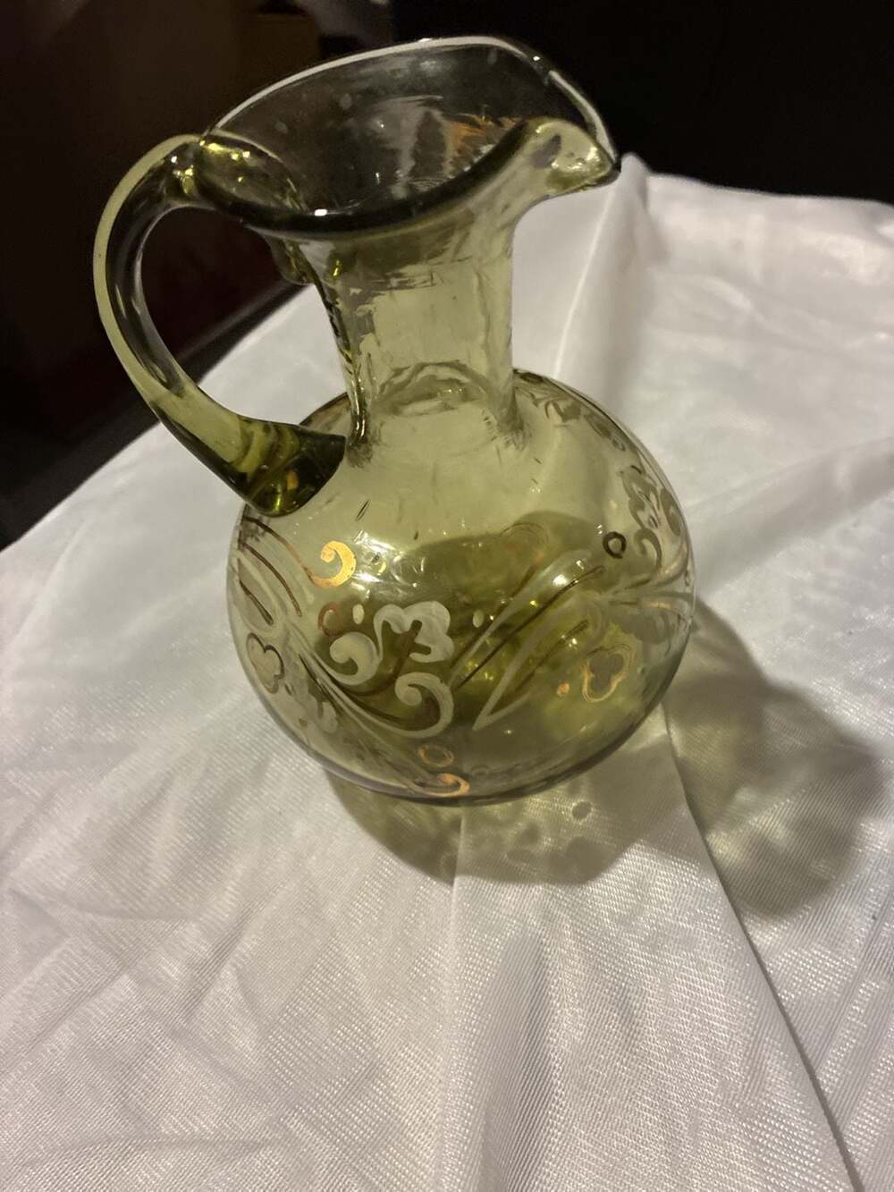 Vintage Hand-Blown Bohemian Olive Green Glass Ewer Pitcher with Gold and White E
